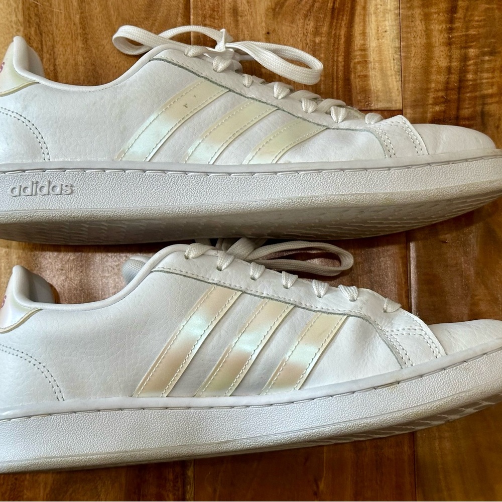 adidas White Cream Iridescent Stripe Women's Athletic Sneakers